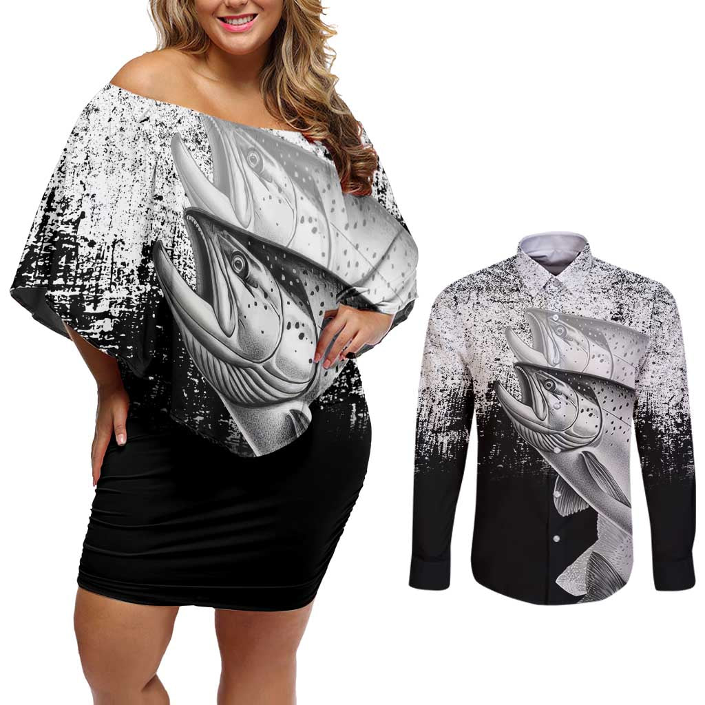 Custom Black and White King Salmon Fishing Couples Matching Off Shoulder Short Dress and Long Sleeve Button Shirt with Trout Fish Design Black and White Grunge Style - Wonder Print Shop