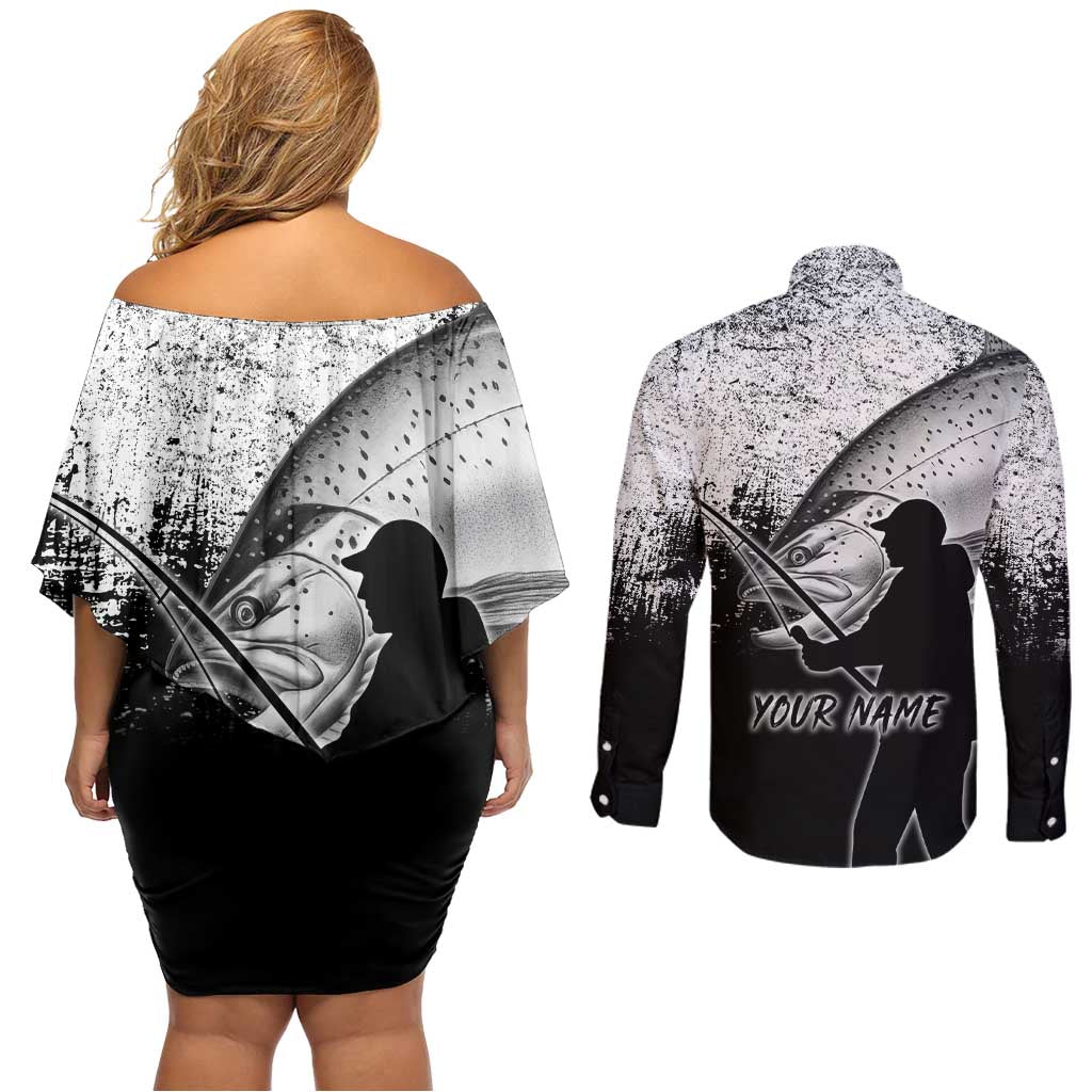 Custom Black and White King Salmon Fishing Couples Matching Off Shoulder Short Dress and Long Sleeve Button Shirt with Trout Fish Design Black and White Grunge Style - Wonder Print Shop