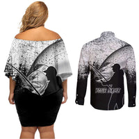 Custom Black and White King Salmon Fishing Couples Matching Off Shoulder Short Dress and Long Sleeve Button Shirt with Trout Fish Design Black and White Grunge Style - Wonder Print Shop