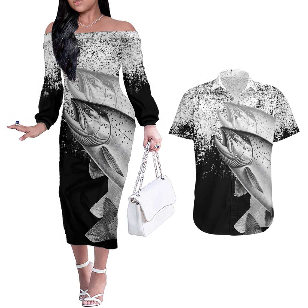 Custom Black and White King Salmon Fishing Couples Matching Off The Shoulder Long Sleeve Dress and Hawaiian Shirt with Trout Fish Design Black and White Grunge Style - Wonder Print Shop