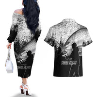 Custom Black and White King Salmon Fishing Couples Matching Off The Shoulder Long Sleeve Dress and Hawaiian Shirt with Trout Fish Design Black and White Grunge Style - Wonder Print Shop