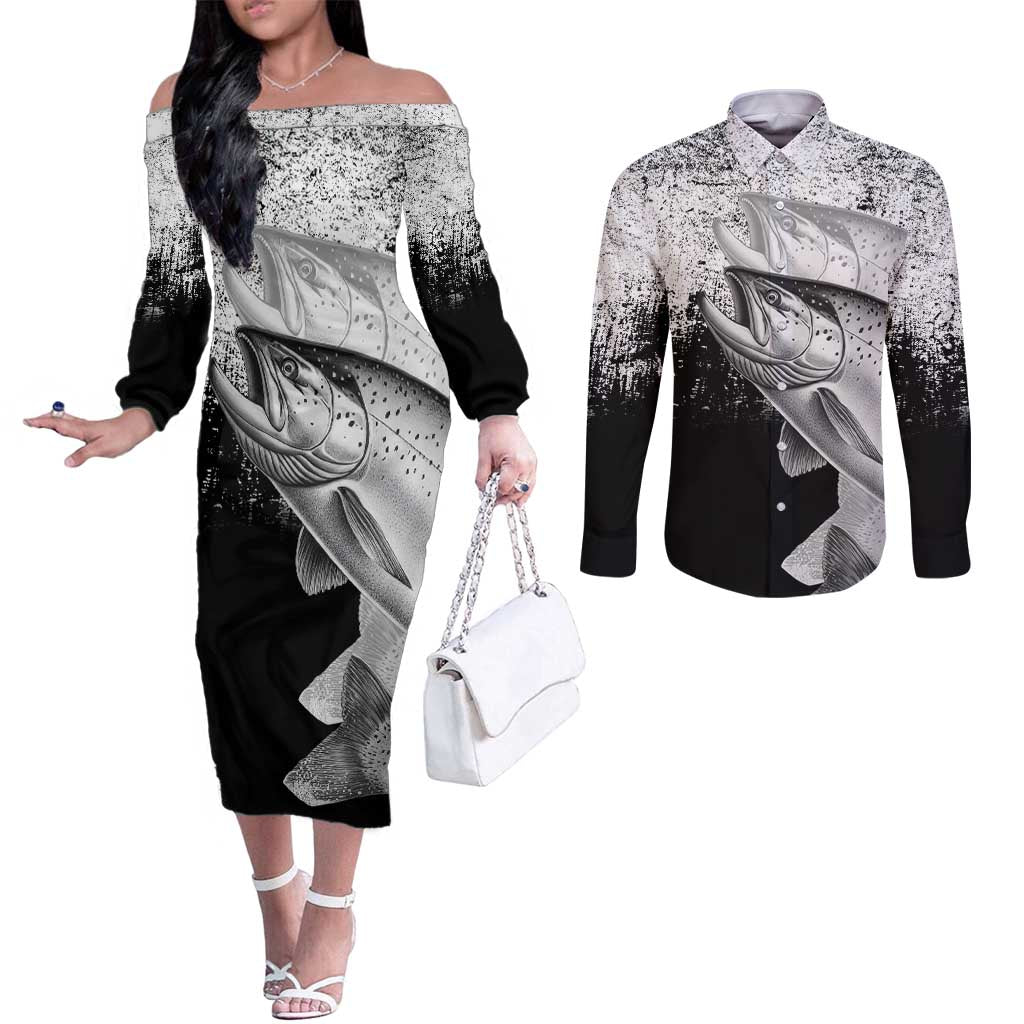 Custom Black and White King Salmon Fishing Couples Matching Off The Shoulder Long Sleeve Dress and Long Sleeve Button Shirt with Trout Fish Design Black and White Grunge Style - Wonder Print Shop