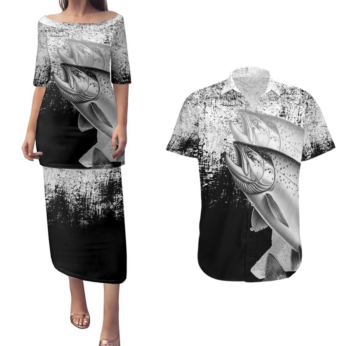 Custom Black and White King Salmon Fishing Couples Matching Puletasi and Hawaiian Shirt with Trout Fish Design Black and White Grunge Style - Wonder Print Shop