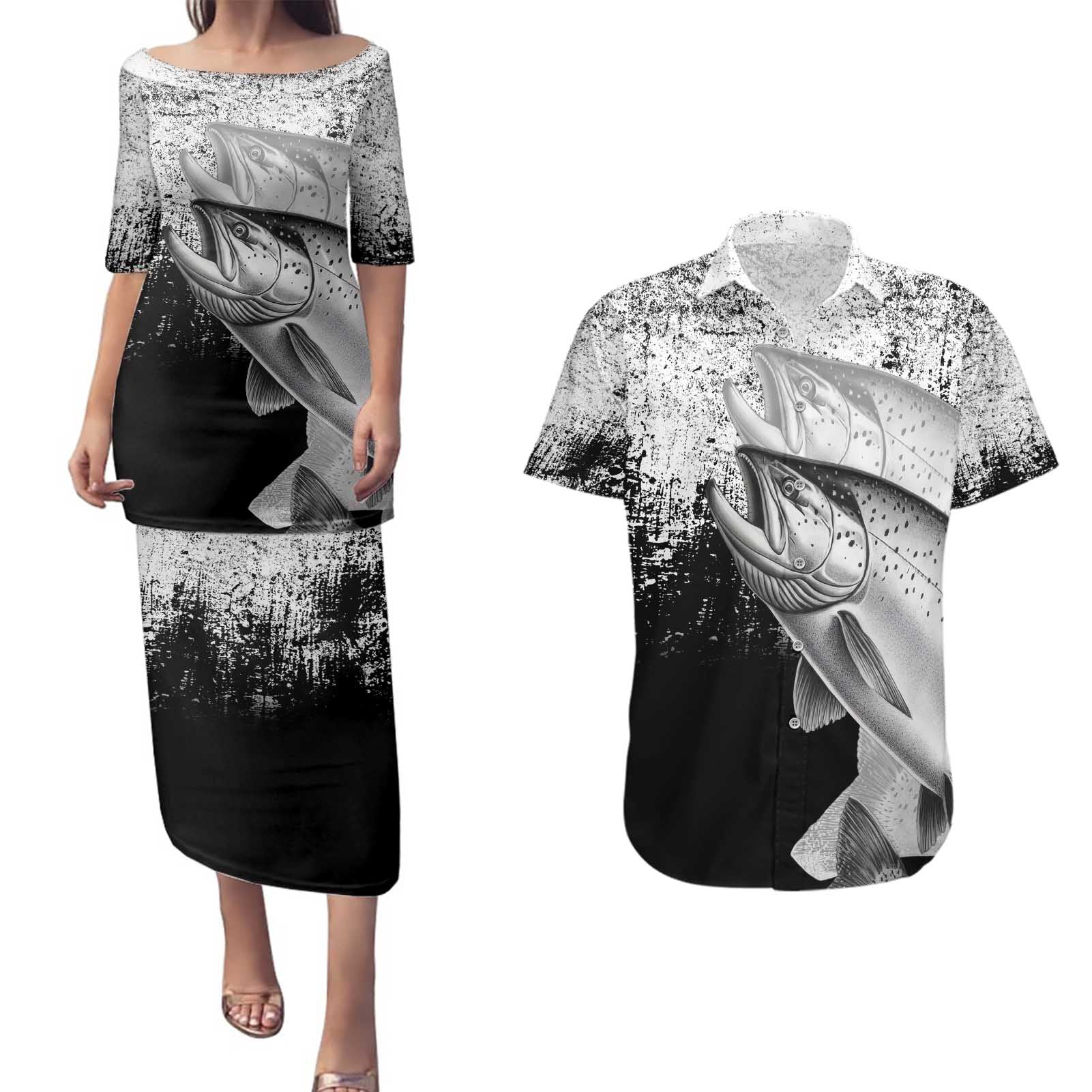 Custom Black and White King Salmon Fishing Couples Matching Puletasi and Hawaiian Shirt with Trout Fish Design Black and White Grunge Style - Wonder Print Shop