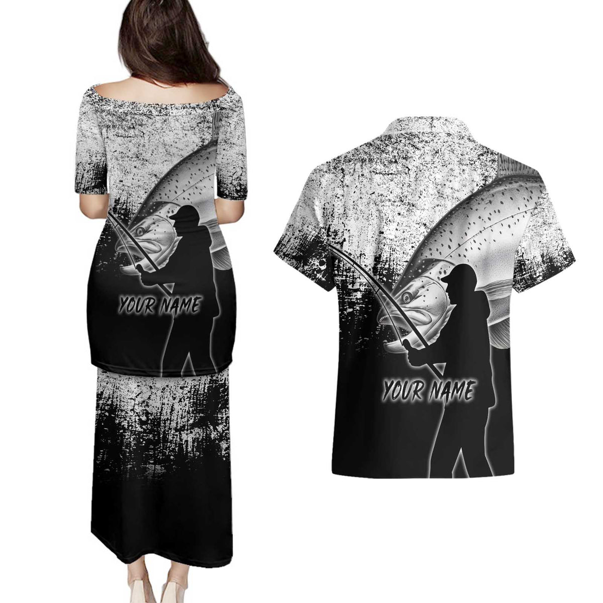 Custom Black and White King Salmon Fishing Couples Matching Puletasi and Hawaiian Shirt with Trout Fish Design Black and White Grunge Style - Wonder Print Shop