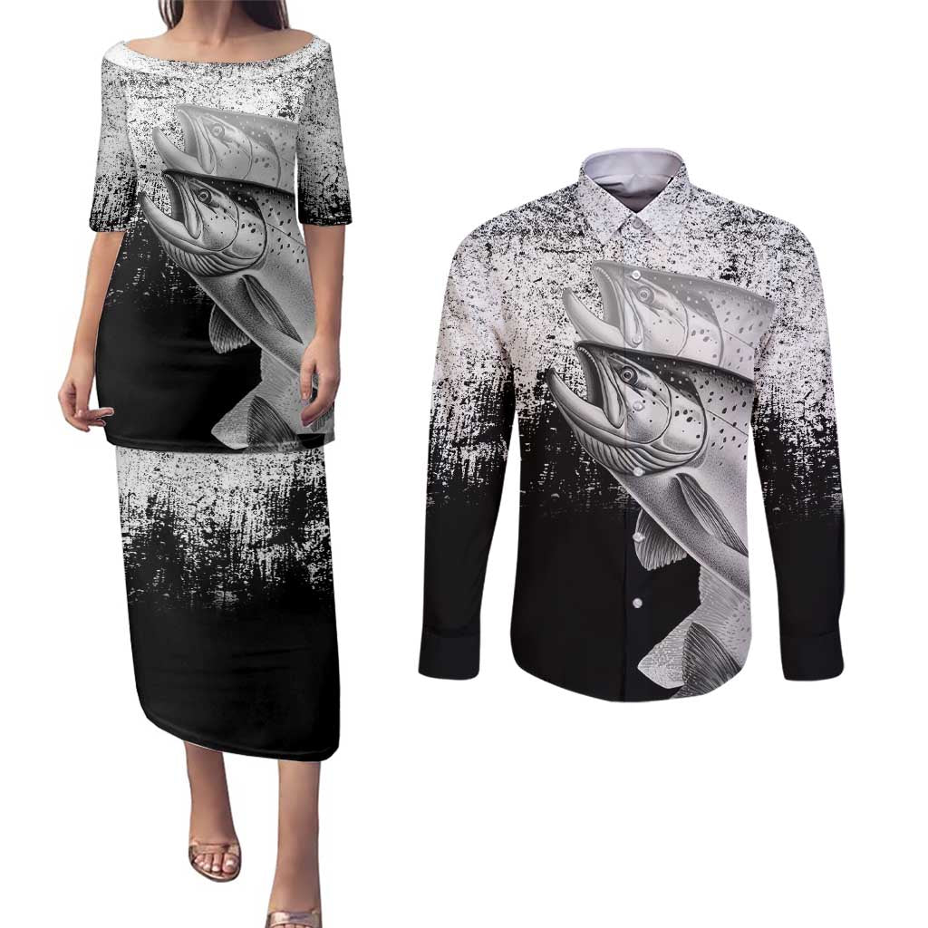 Custom Black and White King Salmon Fishing Couples Matching Puletasi and Long Sleeve Button Shirt with Trout Fish Design Black and White Grunge Style - Wonder Print Shop