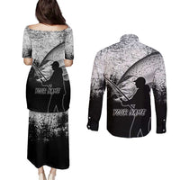 Custom Black and White King Salmon Fishing Couples Matching Puletasi and Long Sleeve Button Shirt with Trout Fish Design Black and White Grunge Style - Wonder Print Shop