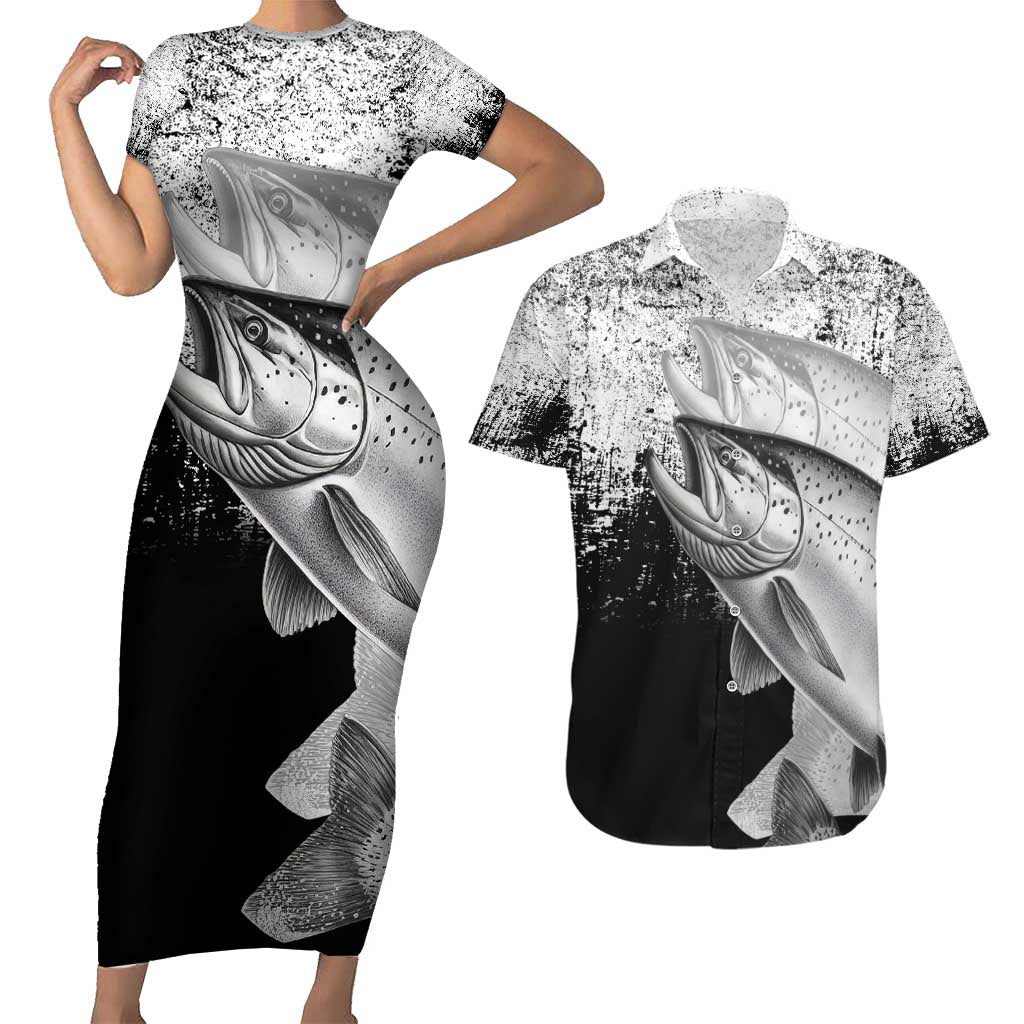 Custom Black and White King Salmon Fishing Couples Matching Short Sleeve Bodycon Dress and Hawaiian Shirt with Trout Fish Design Black and White Grunge Style - Wonder Print Shop