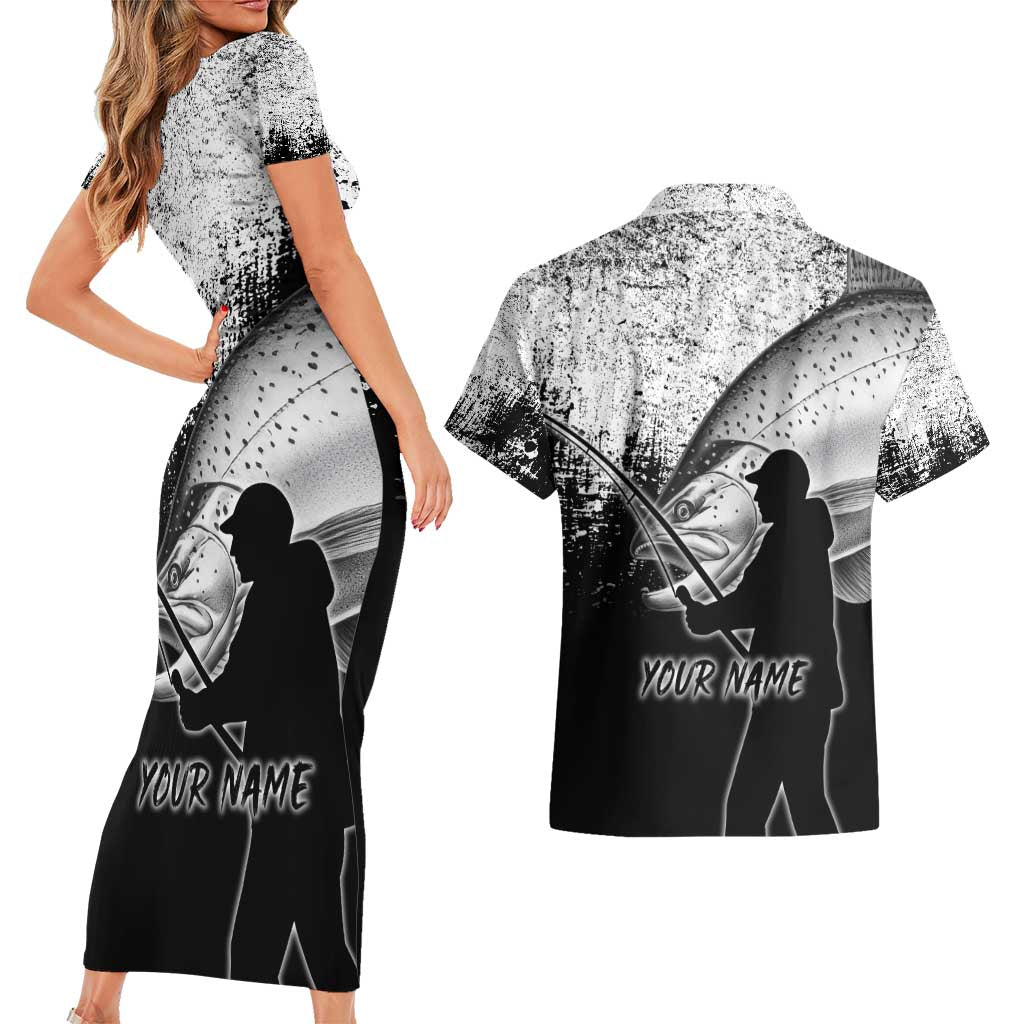 Custom Black and White King Salmon Fishing Couples Matching Short Sleeve Bodycon Dress and Hawaiian Shirt with Trout Fish Design Black and White Grunge Style - Wonder Print Shop