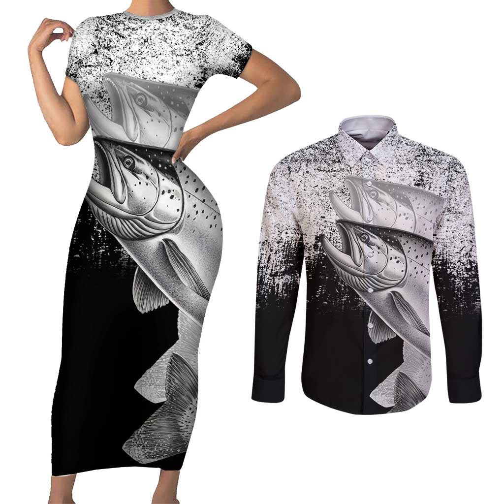 Custom Black and White King Salmon Fishing Couples Matching Short Sleeve Bodycon Dress and Long Sleeve Button Shirt with Trout Fish Design Black and White Grunge Style - Wonder Print Shop