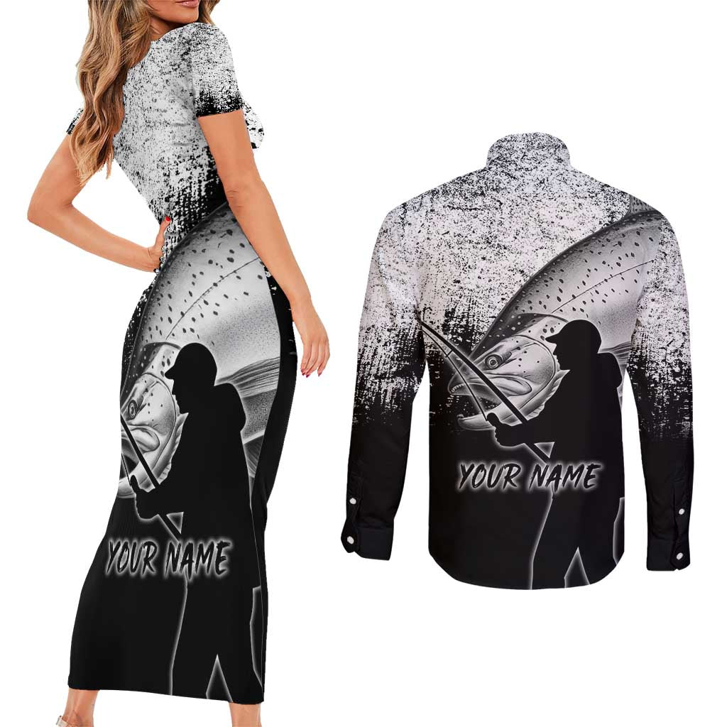 Custom Black and White King Salmon Fishing Couples Matching Short Sleeve Bodycon Dress and Long Sleeve Button Shirt with Trout Fish Design Black and White Grunge Style - Wonder Print Shop