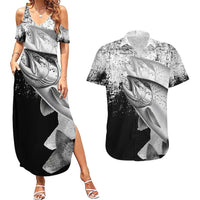 Custom Black and White King Salmon Fishing Couples Matching Summer Maxi Dress and Hawaiian Shirt with Trout Fish Design Black and White Grunge Style - Wonder Print Shop