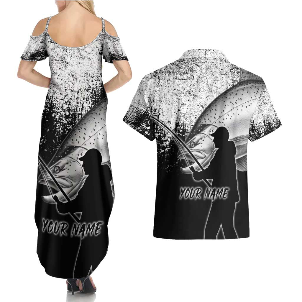 Custom Black and White King Salmon Fishing Couples Matching Summer Maxi Dress and Hawaiian Shirt with Trout Fish Design Black and White Grunge Style - Wonder Print Shop