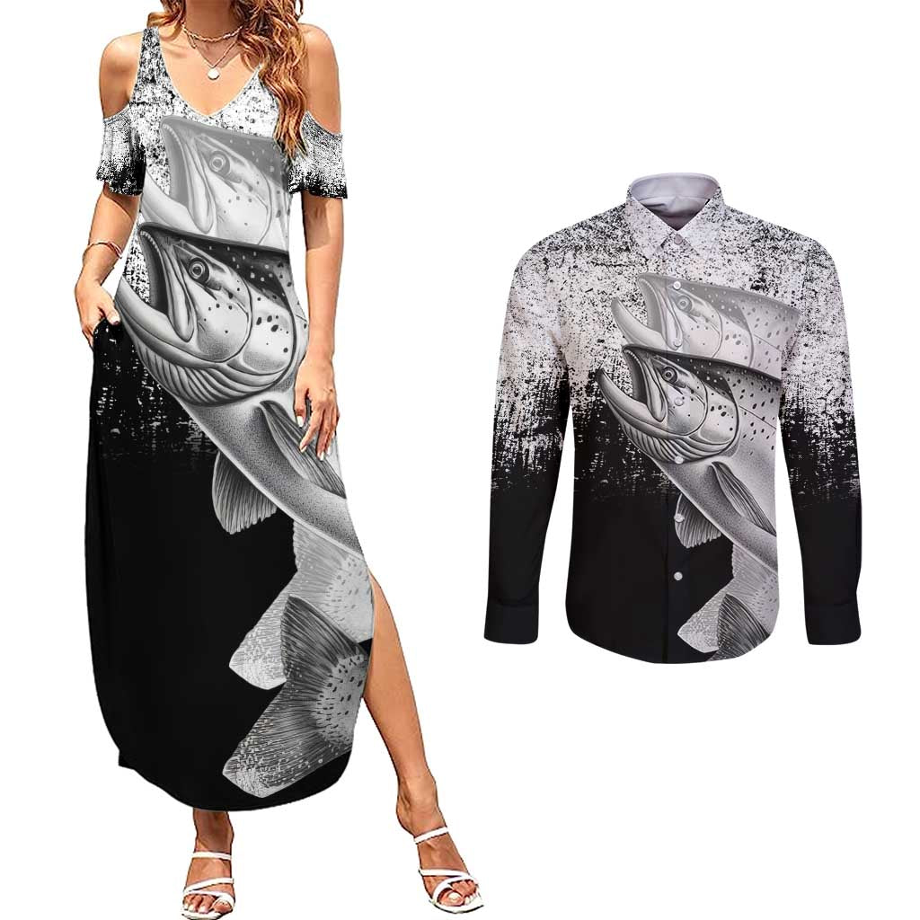 Custom Black and White King Salmon Fishing Couples Matching Summer Maxi Dress and Long Sleeve Button Shirt with Trout Fish Design Black and White Grunge Style - Wonder Print Shop