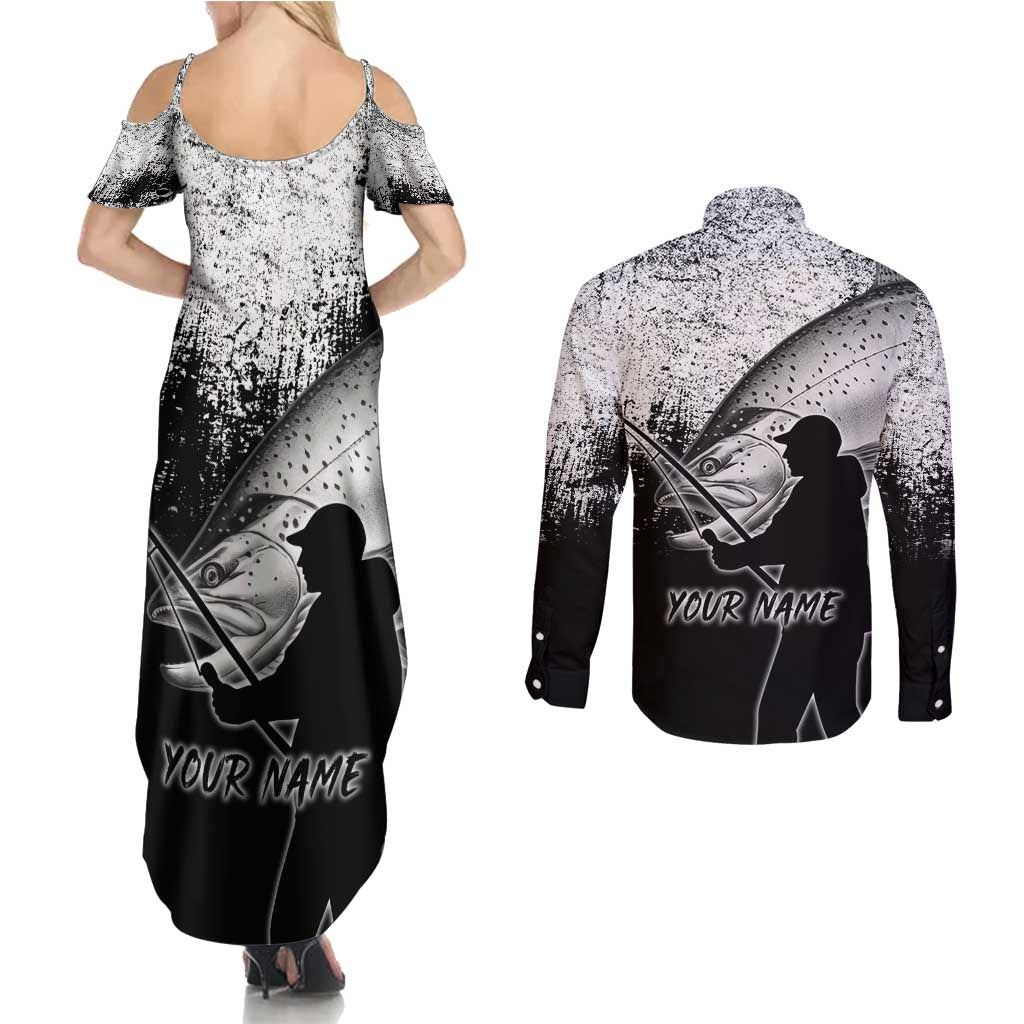 Custom Black and White King Salmon Fishing Couples Matching Summer Maxi Dress and Long Sleeve Button Shirt with Trout Fish Design Black and White Grunge Style - Wonder Print Shop