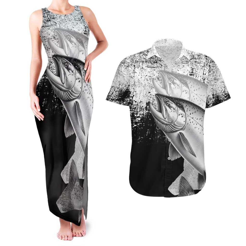 Custom Black and White King Salmon Fishing Couples Matching Tank Maxi Dress and Hawaiian Shirt with Trout Fish Design Black and White Grunge Style - Wonder Print Shop
