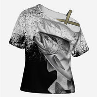 Custom Black and White King Salmon Fishing Cross Shoulder Shirt with Trout Fish Design Black and White Grunge Style - Wonder Print Shop