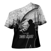 Custom Black and White King Salmon Fishing Cross Shoulder Shirt with Trout Fish Design Black and White Grunge Style - Wonder Print Shop