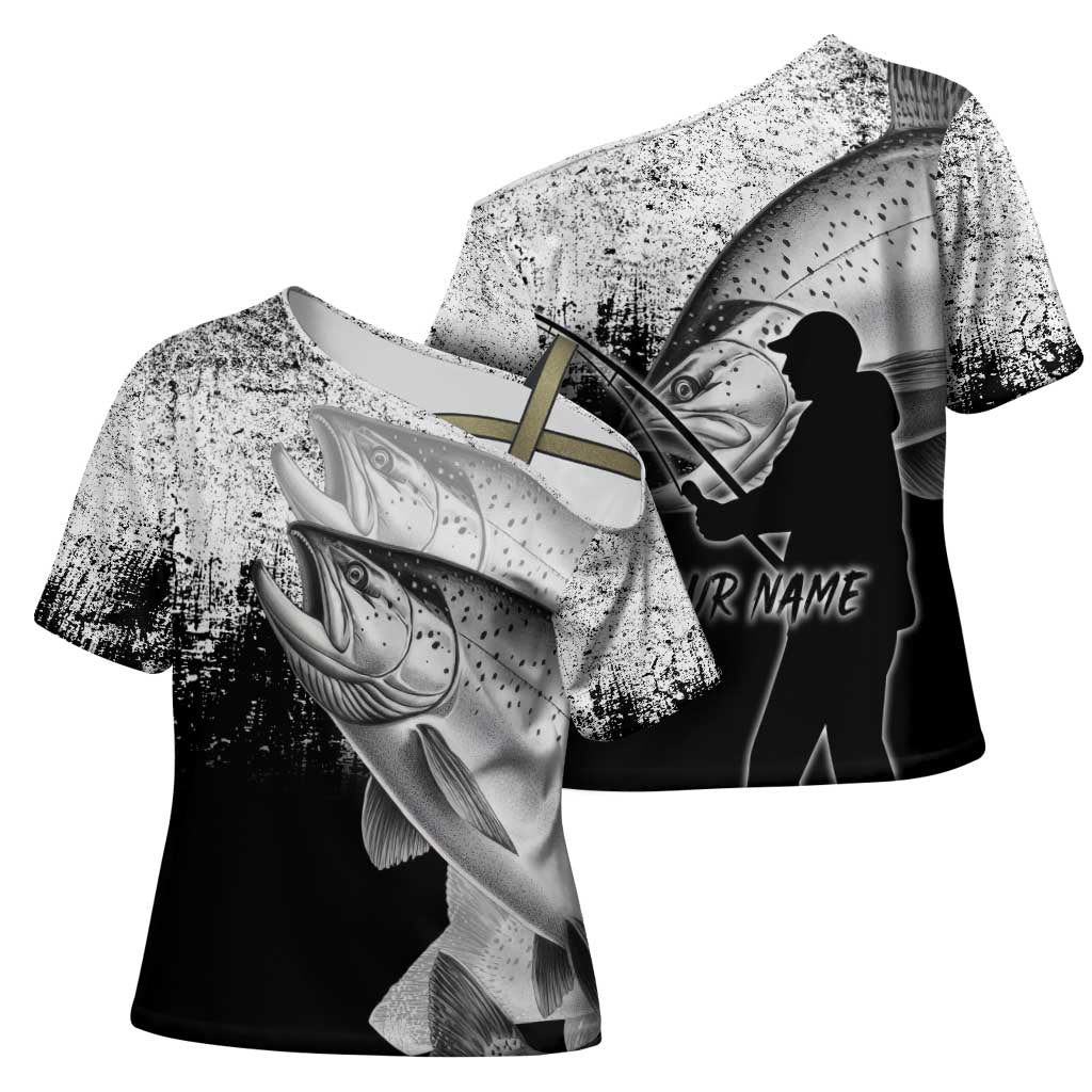 Custom Black and White King Salmon Fishing Cross Shoulder Shirt with Trout Fish Design Black and White Grunge Style - Wonder Print Shop