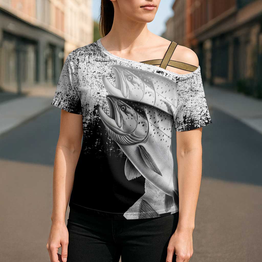 Custom Black and White King Salmon Fishing Cross Shoulder Shirt with Trout Fish Design Black and White Grunge Style - Wonder Print Shop
