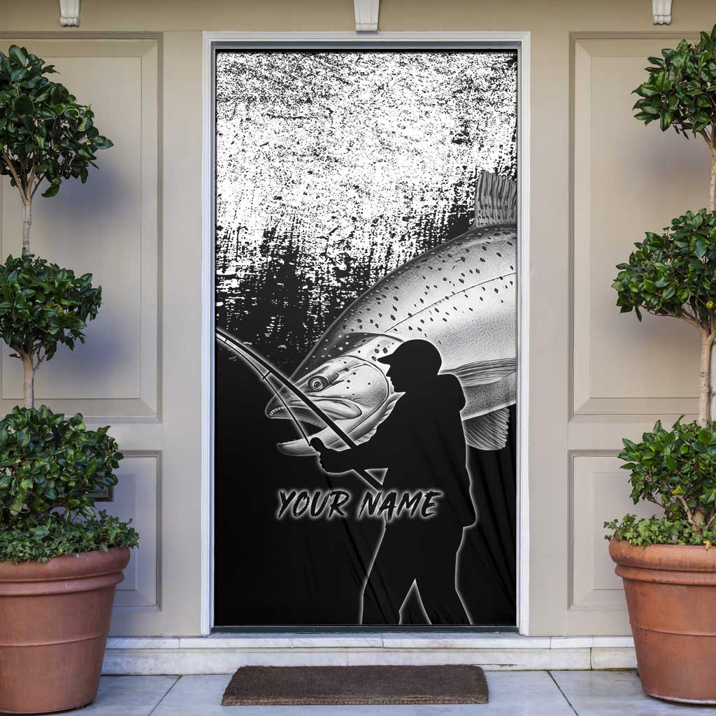 Custom Black and White King Salmon Fishing Door Cover with Trout Fish Design Black and White Grunge Style - Wonder Print Shop
