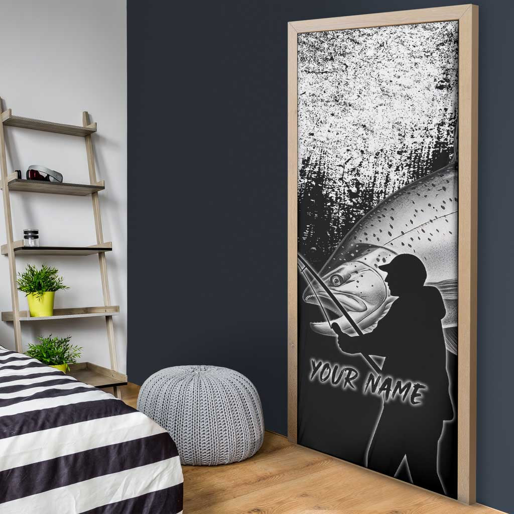 Custom Black and White King Salmon Fishing Door Cover with Trout Fish Design Black and White Grunge Style - Wonder Print Shop