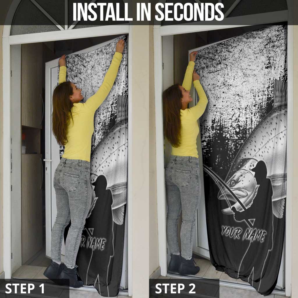 Custom Black and White King Salmon Fishing Door Cover with Trout Fish Design Black and White Grunge Style - Wonder Print Shop