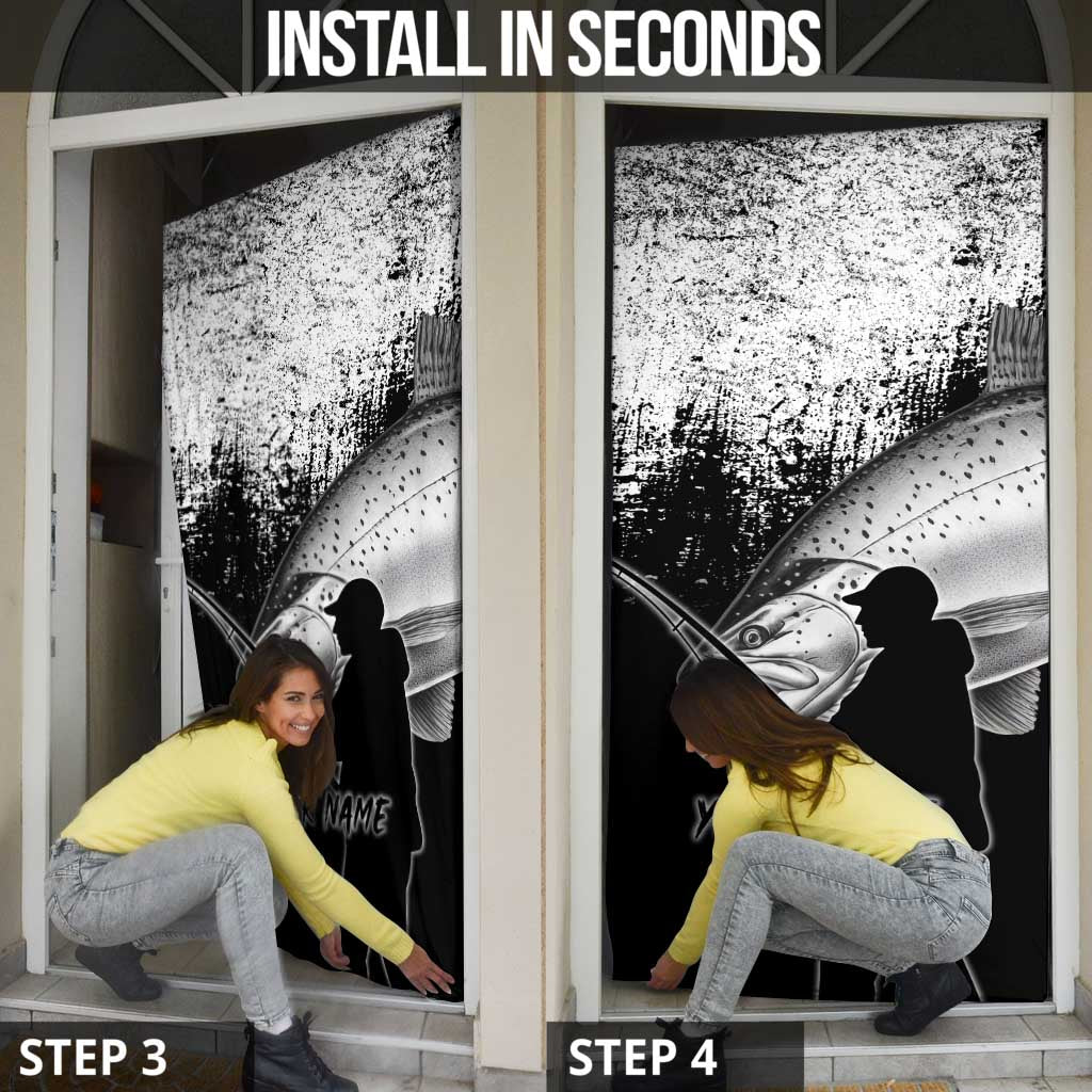 Custom Black and White King Salmon Fishing Door Cover with Trout Fish Design Black and White Grunge Style - Wonder Print Shop