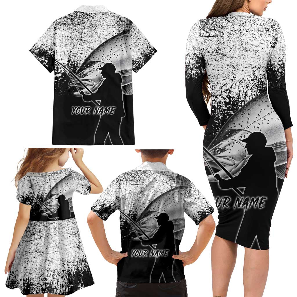 Custom Black and White King Salmon Fishing Family Matching Long Sleeve Bodycon Dress and Hawaiian Shirt with Trout Fish Design Black and White Grunge Style - Wonder Print Shop