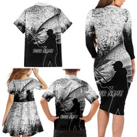 Custom Black and White King Salmon Fishing Family Matching Long Sleeve Bodycon Dress and Hawaiian Shirt with Trout Fish Design Black and White Grunge Style - Wonder Print Shop