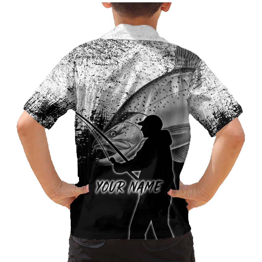 Custom Black and White King Salmon Fishing Family Matching Mermaid Dress and Hawaiian Shirt with Trout Fish Design Black and White Grunge Style - Wonder Print Shop