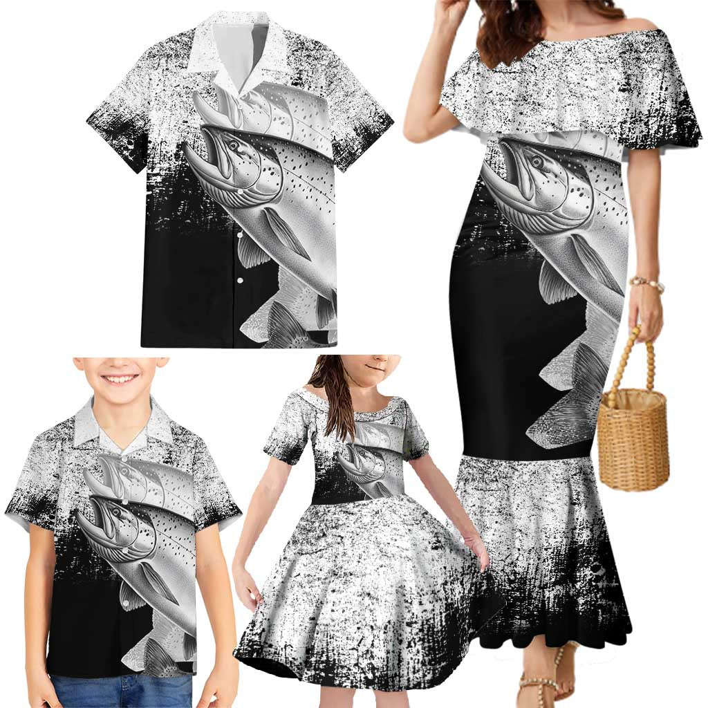 Custom Black and White King Salmon Fishing Family Matching Mermaid Dress and Hawaiian Shirt with Trout Fish Design Black and White Grunge Style - Wonder Print Shop