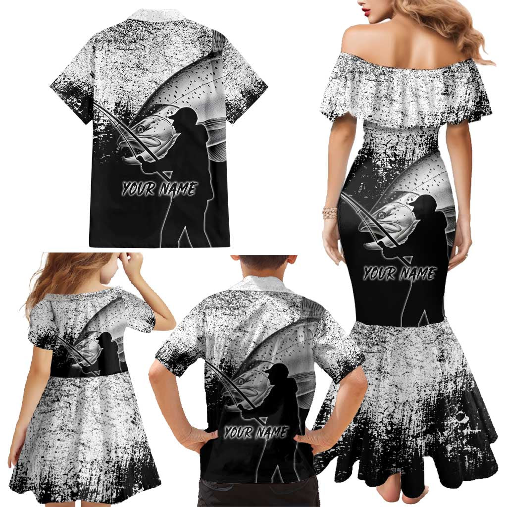 Custom Black and White King Salmon Fishing Family Matching Mermaid Dress and Hawaiian Shirt with Trout Fish Design Black and White Grunge Style - Wonder Print Shop