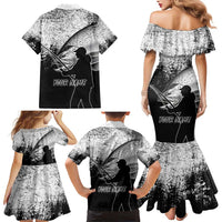 Custom Black and White King Salmon Fishing Family Matching Mermaid Dress and Hawaiian Shirt with Trout Fish Design Black and White Grunge Style - Wonder Print Shop