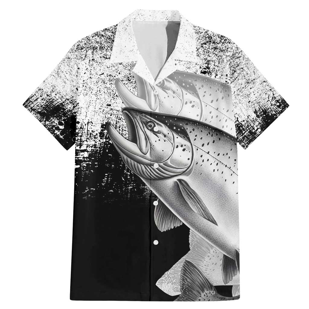 Custom Black and White King Salmon Fishing Family Matching Mermaid Dress and Hawaiian Shirt with Trout Fish Design Black and White Grunge Style - Wonder Print Shop
