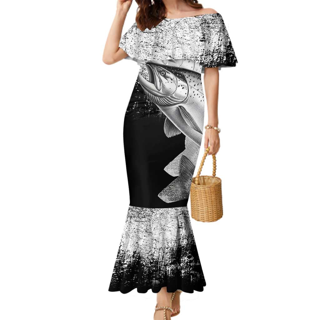 Custom Black and White King Salmon Fishing Family Matching Mermaid Dress and Hawaiian Shirt with Trout Fish Design Black and White Grunge Style - Wonder Print Shop