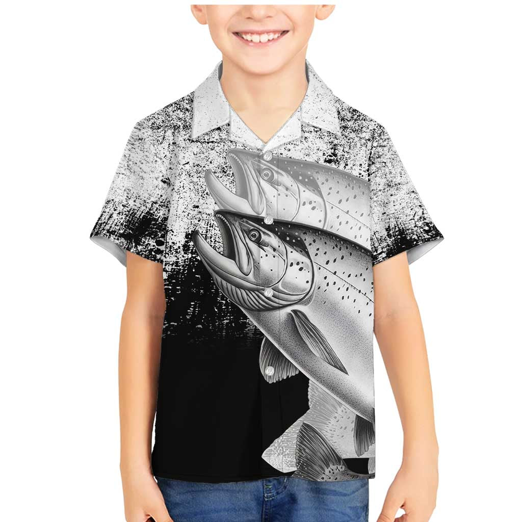 Custom Black and White King Salmon Fishing Family Matching Mermaid Dress and Hawaiian Shirt with Trout Fish Design Black and White Grunge Style - Wonder Print Shop