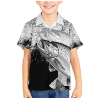 Custom Black and White King Salmon Fishing Family Matching Mermaid Dress and Hawaiian Shirt with Trout Fish Design Black and White Grunge Style - Wonder Print Shop