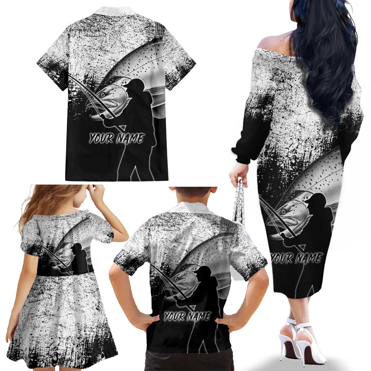 Custom Black and White King Salmon Fishing Family Matching Off The Shoulder Long Sleeve Dress and Hawaiian Shirt with Trout Fish Design Black and White Grunge Style - Wonder Print Shop