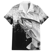 Custom Black and White King Salmon Fishing Family Matching Off The Shoulder Long Sleeve Dress and Hawaiian Shirt with Trout Fish Design Black and White Grunge Style - Wonder Print Shop
