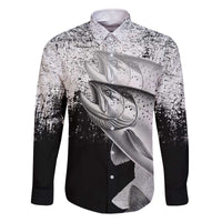 Custom Black and White King Salmon Fishing Family Matching Off The Shoulder Long Sleeve Dress and Hawaiian Shirt with Trout Fish Design Black and White Grunge Style - Wonder Print Shop