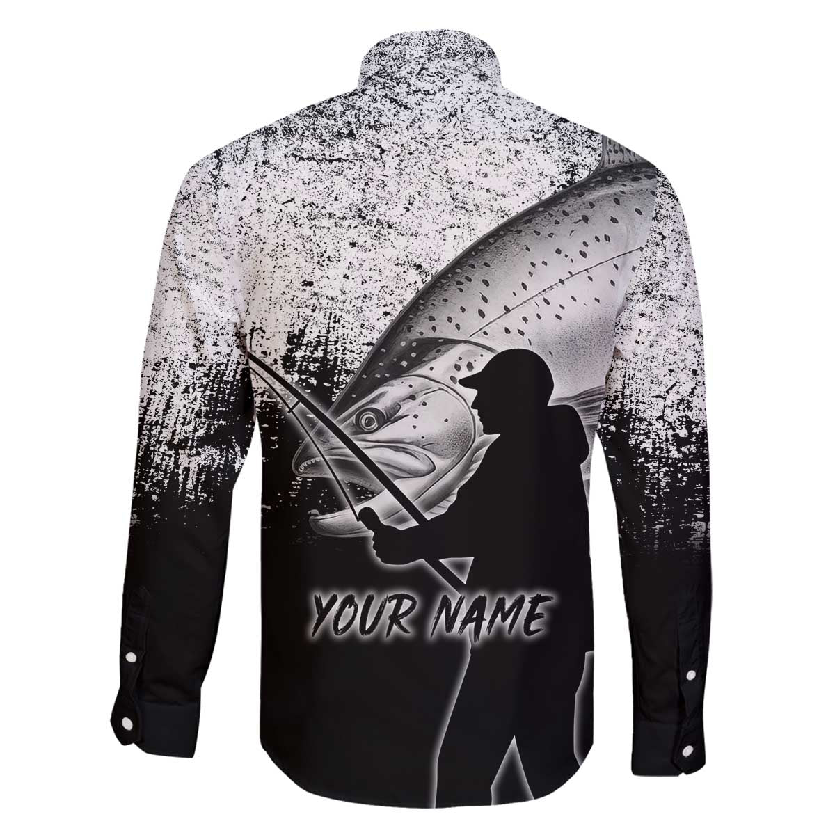 Custom Black and White King Salmon Fishing Family Matching Off The Shoulder Long Sleeve Dress and Hawaiian Shirt with Trout Fish Design Black and White Grunge Style - Wonder Print Shop