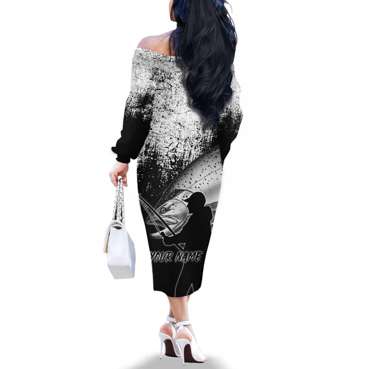 Custom Black and White King Salmon Fishing Family Matching Off The Shoulder Long Sleeve Dress and Hawaiian Shirt with Trout Fish Design Black and White Grunge Style - Wonder Print Shop