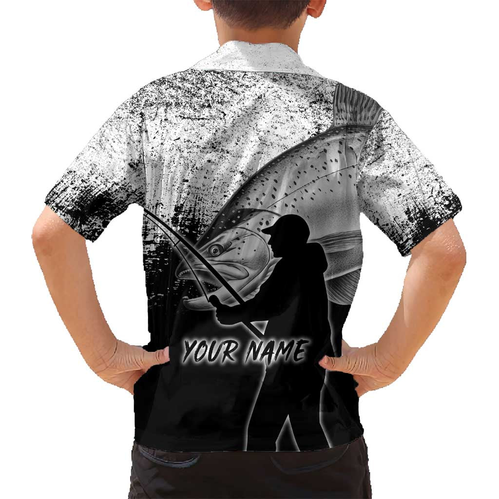 Custom Black and White King Salmon Fishing Family Matching Off Shoulder Maxi Dress and Hawaiian Shirt with Trout Fish Design Black and White Grunge Style - Wonder Print Shop