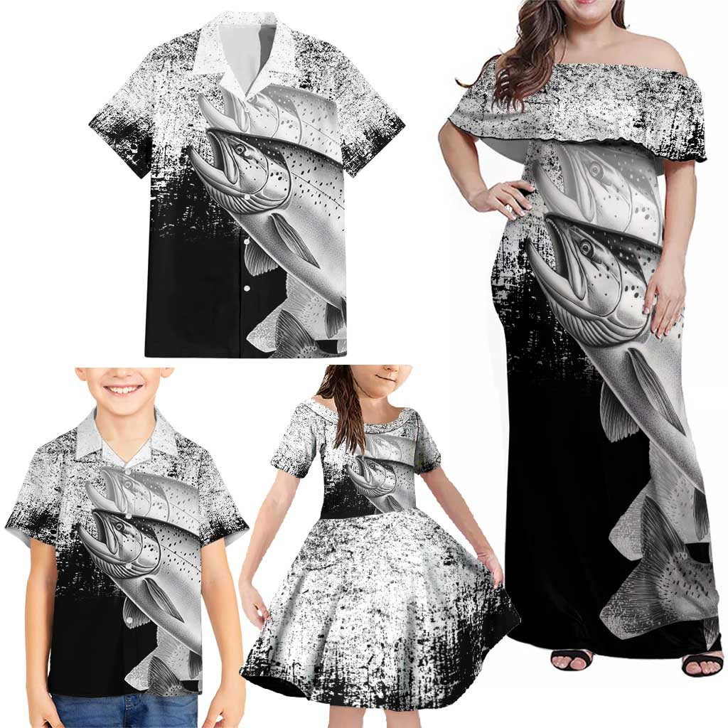 Custom Black and White King Salmon Fishing Family Matching Off Shoulder Maxi Dress and Hawaiian Shirt with Trout Fish Design Black and White Grunge Style - Wonder Print Shop