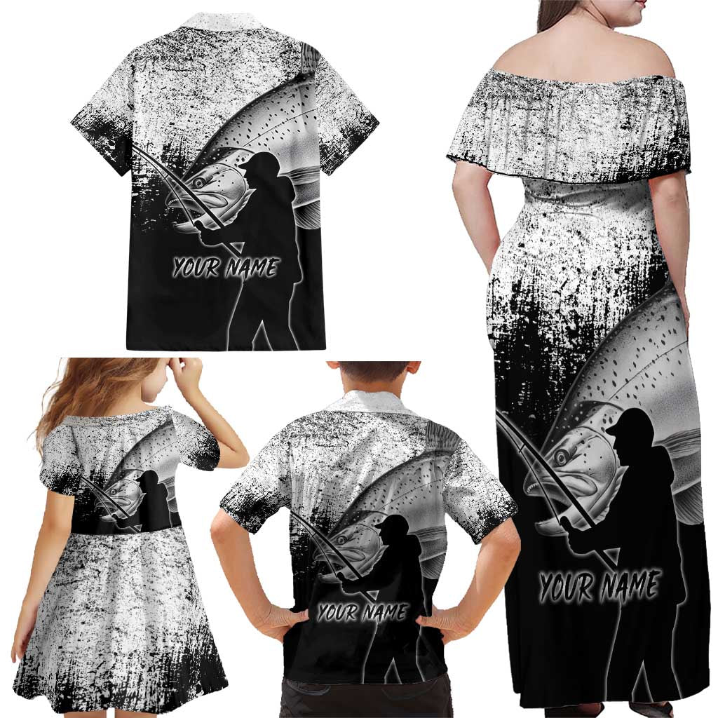 Custom Black and White King Salmon Fishing Family Matching Off Shoulder Maxi Dress and Hawaiian Shirt with Trout Fish Design Black and White Grunge Style - Wonder Print Shop