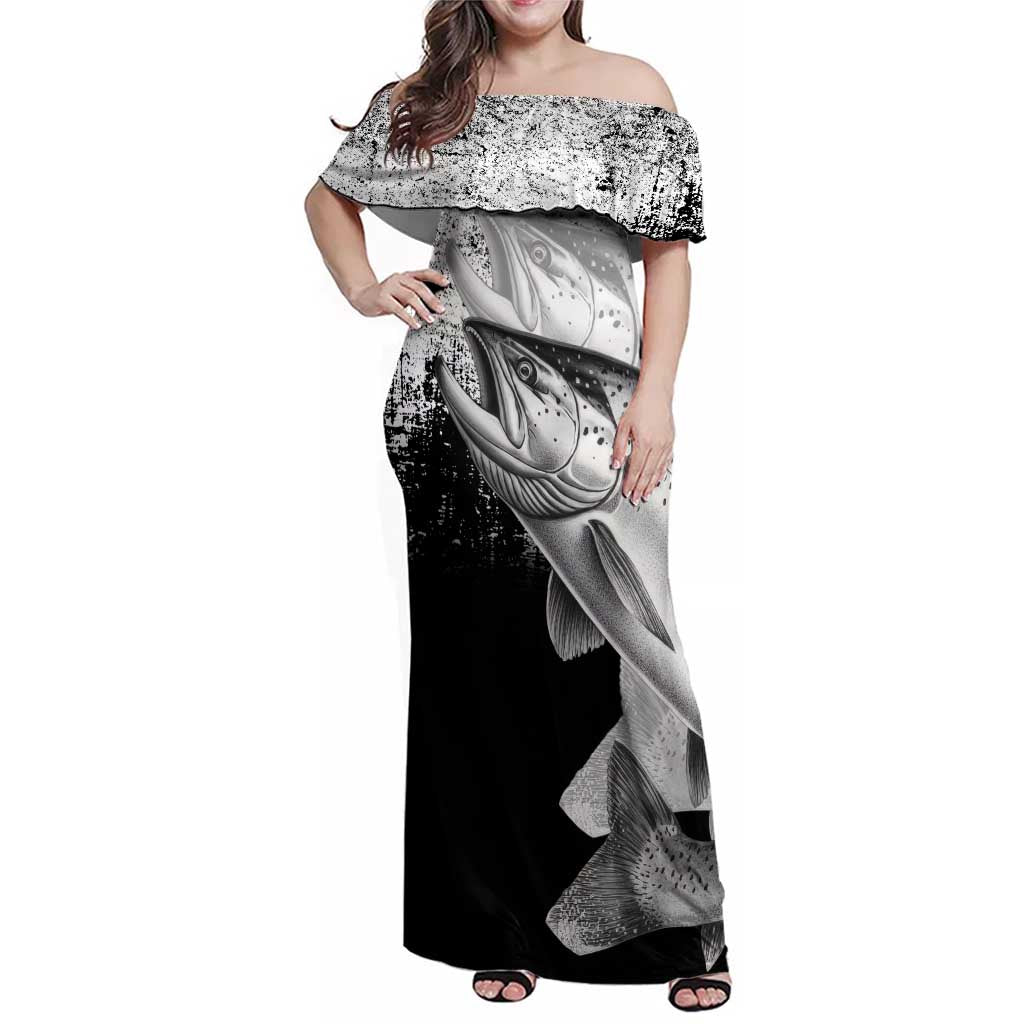 Custom Black and White King Salmon Fishing Family Matching Off Shoulder Maxi Dress and Hawaiian Shirt with Trout Fish Design Black and White Grunge Style - Wonder Print Shop