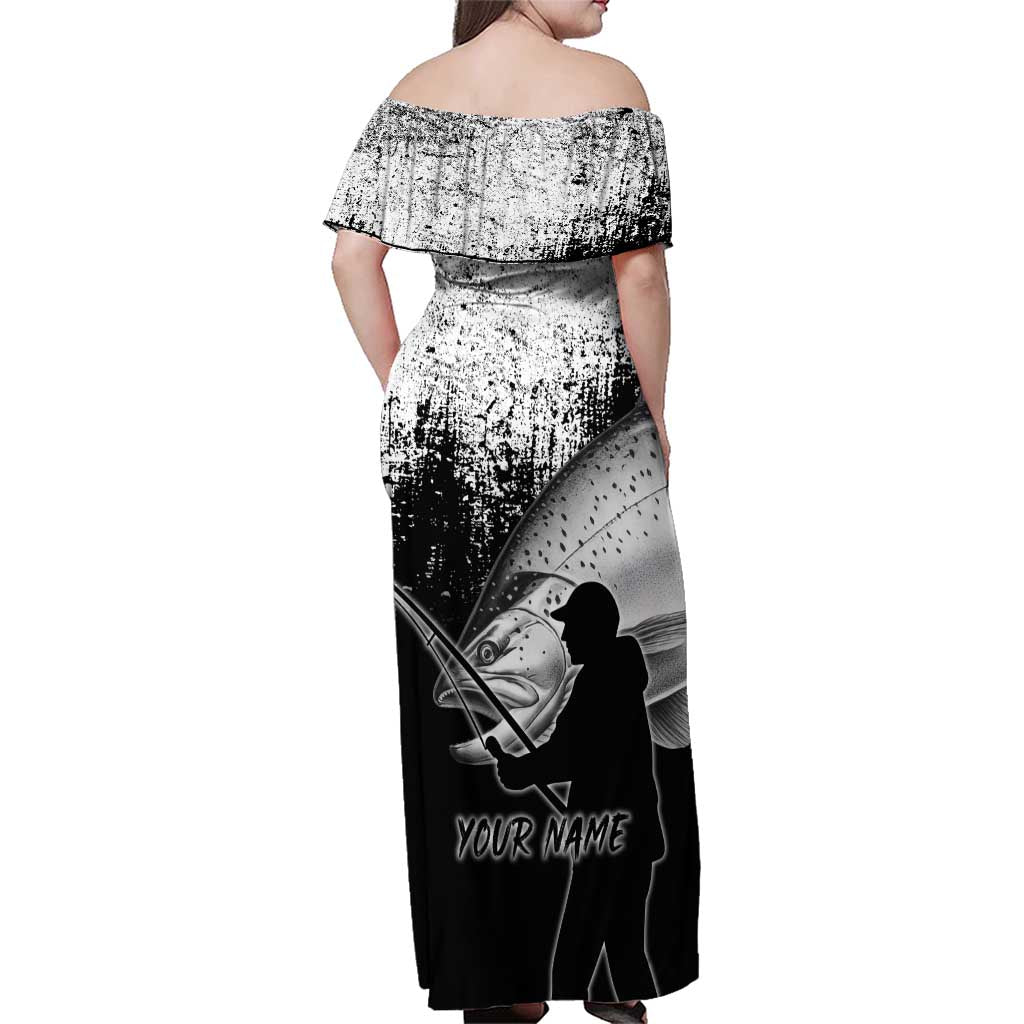 Custom Black and White King Salmon Fishing Family Matching Off Shoulder Maxi Dress and Hawaiian Shirt with Trout Fish Design Black and White Grunge Style - Wonder Print Shop