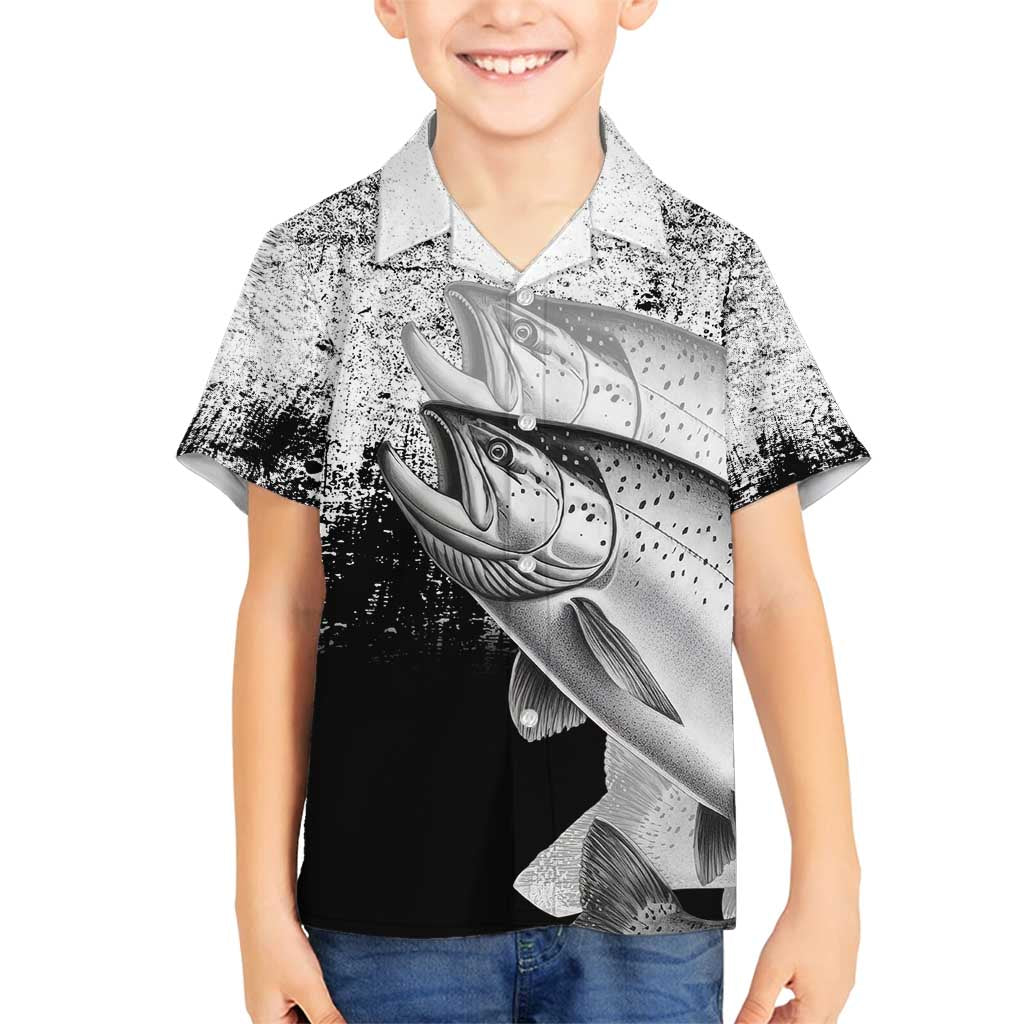 Custom Black and White King Salmon Fishing Family Matching Off Shoulder Maxi Dress and Hawaiian Shirt with Trout Fish Design Black and White Grunge Style - Wonder Print Shop