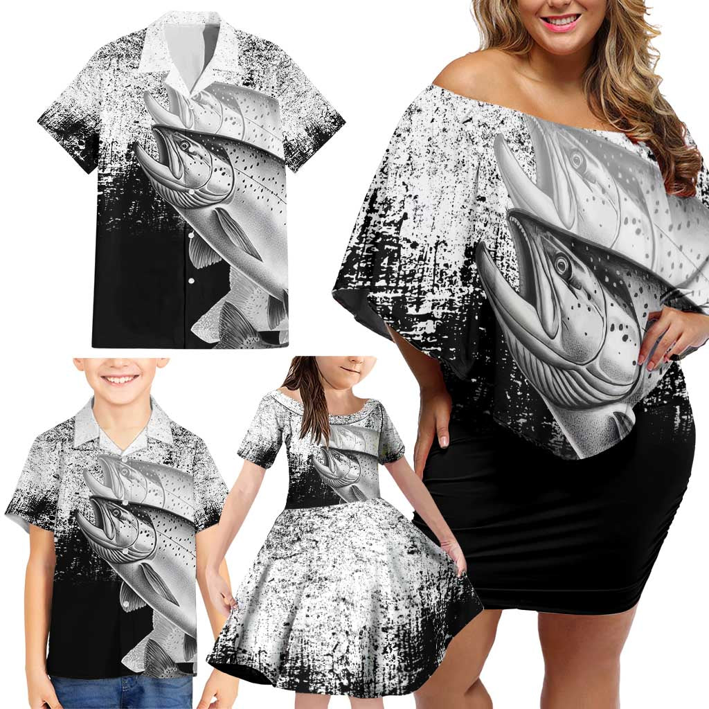 Custom Black and White King Salmon Fishing Family Matching Off Shoulder Short Dress and Hawaiian Shirt with Trout Fish Design Black and White Grunge Style - Wonder Print Shop